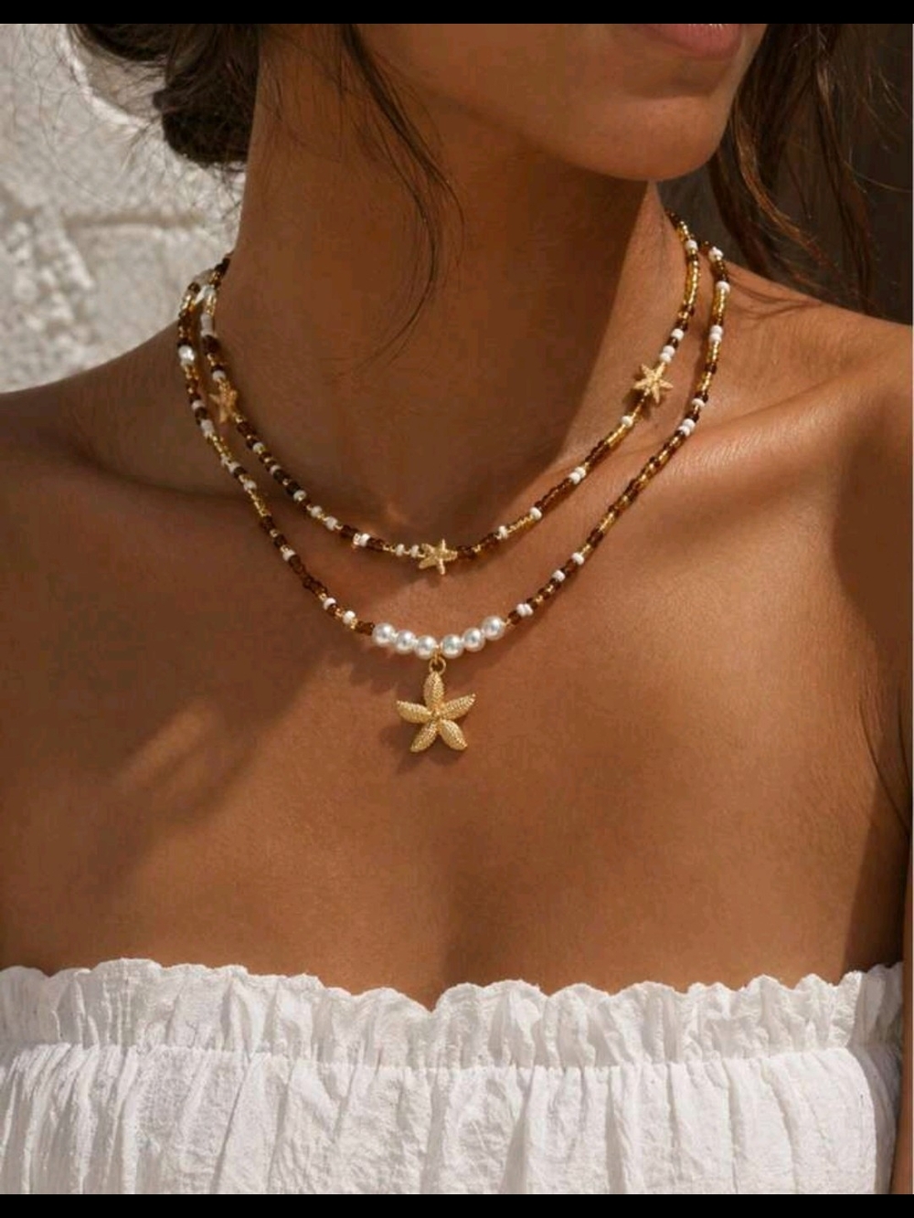 Gold Starfish Multi-Layer Necklace with Pearls - Women Jewelry